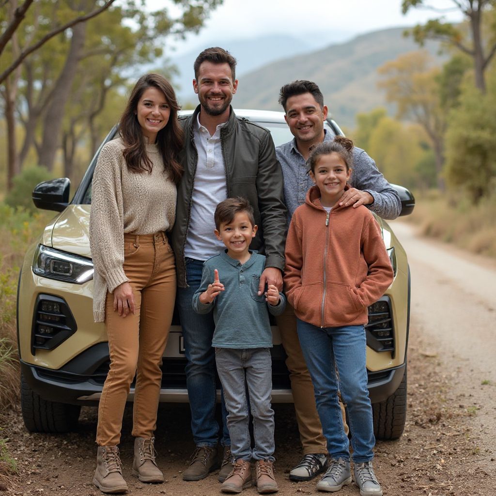 Familia feliz con su auto nuevo